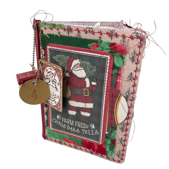 Christmas Junk Journal Includes Charm u Washi  Fabric Wrap Tons Ephemera Handmad - Picture 2 of 16